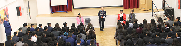  The Mayors addressing Sixth Form Assembly