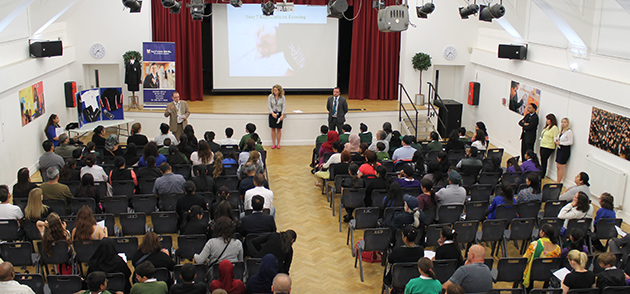  Mr O'Hagan talking to parents & students in the Main Hall