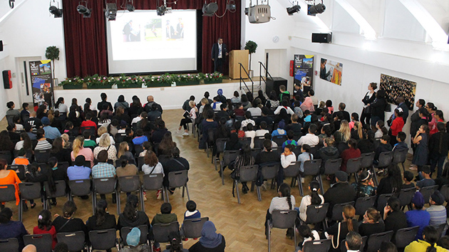  Mr Berdesha talking to a packed Hall