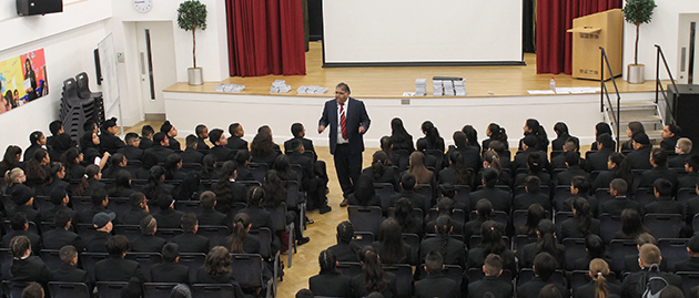  Mr Berdesha speaking to Year 7 in the School Hall