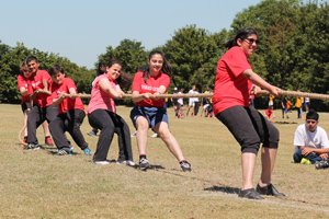  The winning Red tug of war team in action