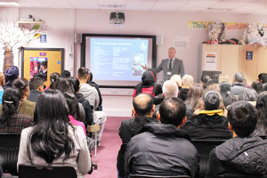  Mr Evans talks to visitors