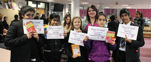  Manga Art winners with Stephanie Green, LRC Manager